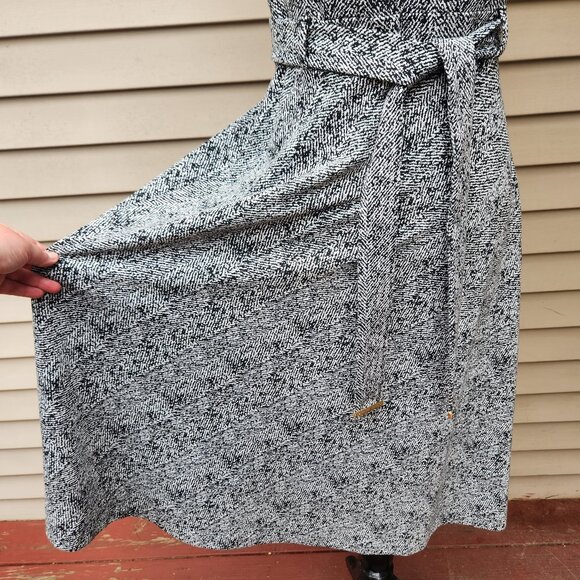 Calvin Klein Knit A-Line Dress Tweed Look Black White Sleeveless Tie Waist - Picture 8 of 16
